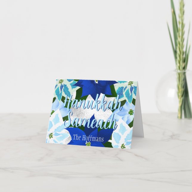 Hanukkah Blue Poinsettias Holiday Card (Front)