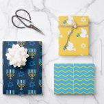 Hanukkah Blue Star of David Menorah Dove Chevron Wrapping Paper Sheet<br><div class="desc">These festive wrapping paper sheets feature gold menorah with blue candles and Star of David on a dark blue background,  white doves and Star of David on a yellow background,  and yellow chevron stripes on a blue background. The perfect coordinated set for your holiday wrapping.</div>
