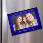 Hanukkah Blue Stars of David Peace Love Light Magnetic Frame<br><div class="desc">“Peace, love & light.” Playful, modern, blue artsy Stars of David overlaying a rich, deep blue textured background help you usher in the holiday of Hanukkah. Feel the warmth and joy of the holiday season whenever you use this colourful, graphic Hanukkah magnetic frame with your favourite photo. Matching cards, envelopes,...</div>
