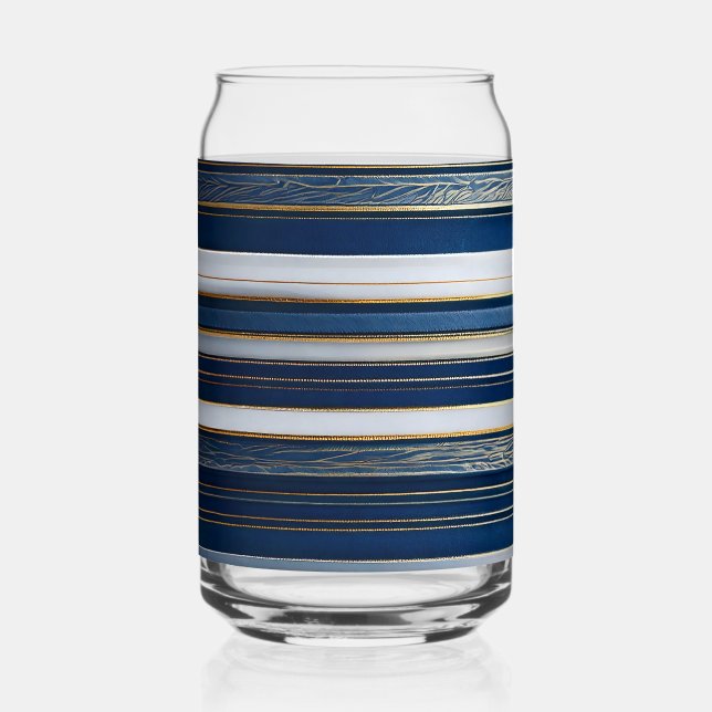 Hanukkah Blues Stripes Blue White Gold Can Glass (Front)