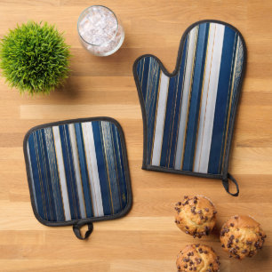 Hanukkah Blues Stripes Blue White Gold Oven Mitt & Pot Holder Set