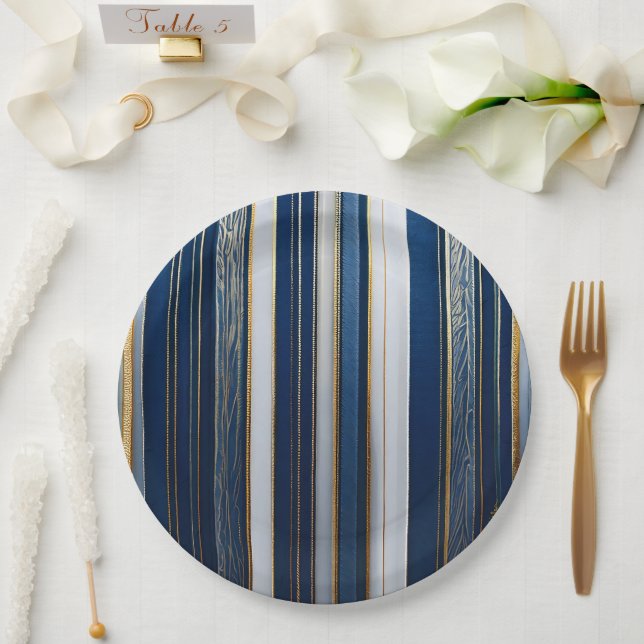 Hanukkah Blues Stripes Blue White Gold Paper Plate (Wedding)