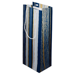 Hanukkah Blues Stripes Blue White Gold Wine Gift Bag