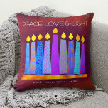 Hanukkah Bold Blue Candles on Red Peace Love Light Throw Pillow<br><div class="desc">“Peace, love & light.” A playful, modern, artsy illustration of boho pattern candles in a menorah helps you usher in the holiday of Hanukkah. Assorted blue candles with colourful faux foil patterns overlay a rich, deep burnt red orange textured background. Faux copper pattern foil on a brick red background for...</div>