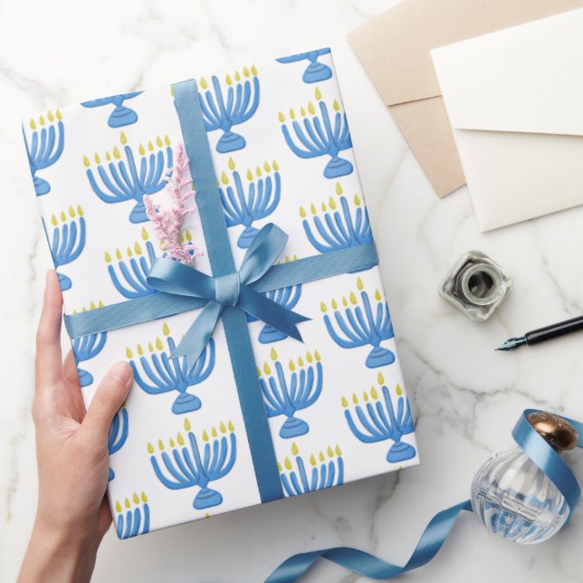 Hanukkah Botanical Menorah Watercolor Blue Wrapping Paper (Gifting)