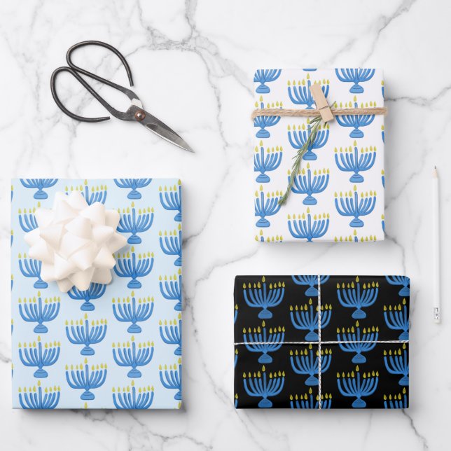 Hanukkah Botanical Menorah Watercolor Blue Wrapping Paper Sheet (Front)