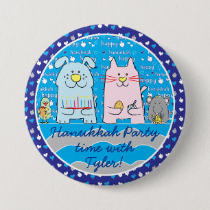 Hanukkah Button, Personalize Mouse & Friends/Blue 3 Inch Round Button