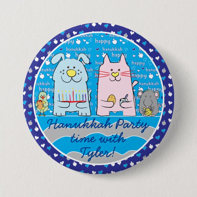 Hanukkah Button, Personalize Mouse & Friends/Blue 3 Inch Round Button (Front)