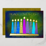 Hanukkah Candles Peace Love Light Green Real Gold Foil Holiday Card<br><div class="desc">“Peace, love & light.” A playful, modern, artsy illustration of boho pattern candles in a menorah helps you usher in the holiday of Hanukkah. Assorted blue candles with colourful real gold foil patterns, real gold foil flames and menorah, overlay a rich deep green textured background. Faux copper diamond pattern foil...</div>