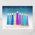 Hanukkah Candles Peace Love Turquoise Real Gold  Foil Holiday Postcard<br><div class="desc">“Peace, love & light.” A playful, modern, artsy illustration of boho pattern candles in a menorah helps you usher in the holiday of Hanukkah. Assorted blue candles with colourful real gold foil patterns, real gold foil flames and menorah, overlay a turquoise gradient to white textured background. On the back, type...</div>