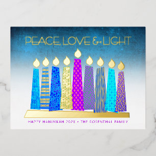 Hanukkah Candles Peace Love Turquoise Real Gold  Foil Holiday Postcard