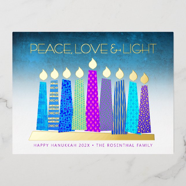 Hanukkah Candles Peace Love Turquoise Real Gold  Foil Holiday Postcard (Front)