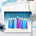 Hanukkah Candles Peace Love Turquoise Real Gold  Foil Holiday Postcard<br><div class="desc">“Peace, love & light.” A playful, modern, artsy illustration of boho pattern candles in a menorah helps you usher in the holiday of Hanukkah. Assorted blue candles with colourful real gold foil patterns, real gold foil flames and menorah, overlay a turquoise gradient to white textured background. On the back, type...</div>