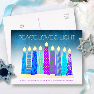 Hanukkah Candles Peace Love Turquoise Real Gold Foil Holiday Postcard