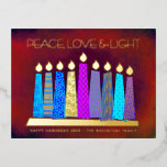 Hanukkah Candles Red Peace Love Light Real Gold Foil Holiday Postcard<br><div class="desc">“Peace, love & light.” A playful, modern, artsy illustration of boho pattern candles in a menorah helps you usher in the holiday of Hanukkah. Assorted blue candles with colourful real gold foil patterns, real gold foil flames and menorah, overlay a rich, deep burnt red orange textured background. On the back,...</div>