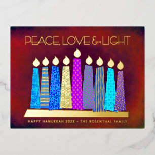 Hanukkah Candles Red Peace Love Light Real Gold Foil Holiday Postcard