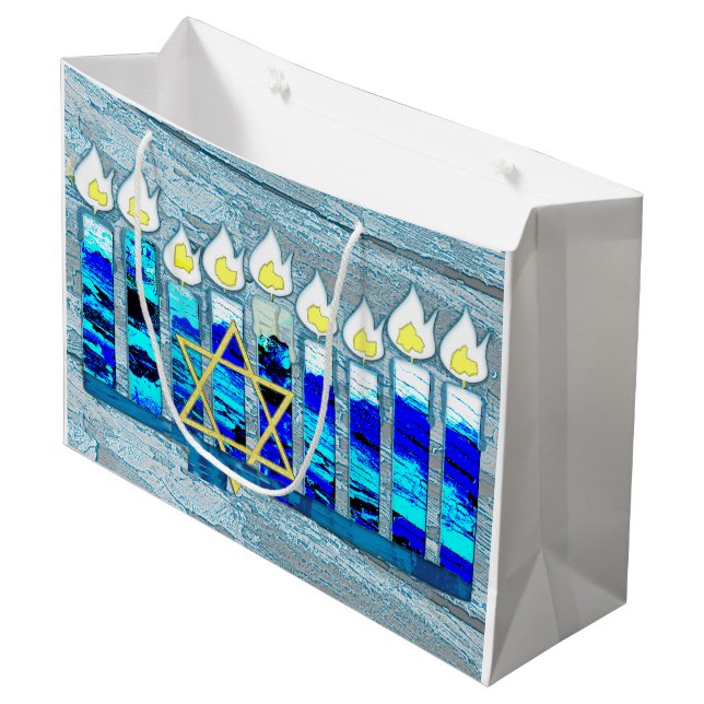 Hanukkah Candles with Gold Star of David Large Gift Bag (Front Angled)