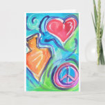 Hanukkah Card<br><div class="desc">Joyfully painted Hanukkah Card with Image of Heart,  Peace Sign and Dreidel.
Customizable,  Blank inside</div>