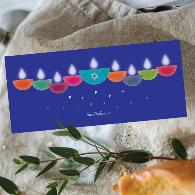 Hanukkah Card | Colourful Oil Lamp Menorah | Blue (Creator Uploaded)