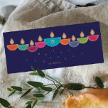 Hanukkah Card | Colourful Oil Lamp Menorah | Navy<br><div class="desc">Celebrate Hanukkah with a vibrant and contemporary greeting card design. This menorah is formed from colourful bowl-shaped oil lamps, each with a glowing flame, arranged in a cheerful display. The centre lamp highlights a faux-foil Star of David, adding both meaning and elegance. Perfect for families who enjoy modern and artistic...</div>