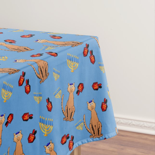 Hanukkah Cat Dreidel Blue Tablecloth (In Situ)