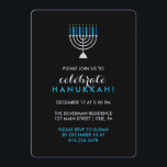 Hanukkah Celebration with Silver Menorah on Black Invitation<br><div class="desc">If you're looking for a stylish,  eye-catching way to invite your guests to your Hanukkah party,  this is it! An elegant design that features a silver menorah with blue candles,  and a dark black background. The text is in silver and turquoise.</div>