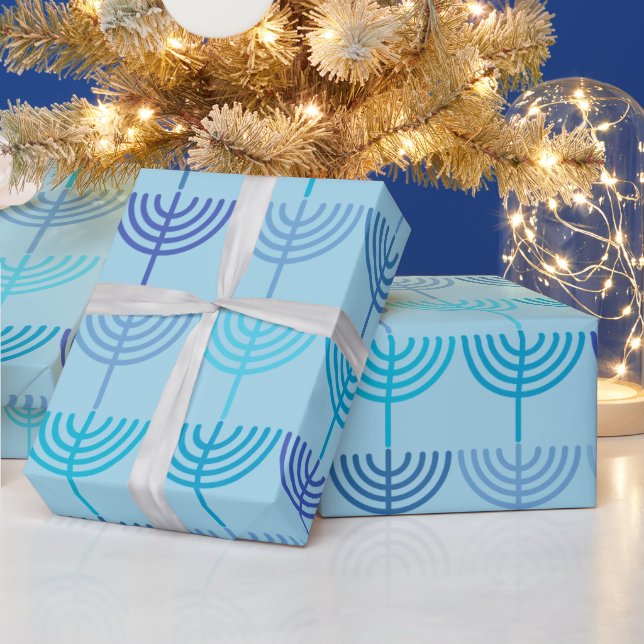 Hanukkah Chanukah Chanukkiah Menorah Pattern Blue Wrapping Paper (Holidays)