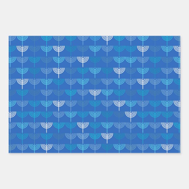 Hanukkah Chanukah Chanukkiah Menorah Pattern Blue Wrapping Paper Sheet (Front)