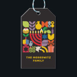 Hanukkah Chanukah Menorah Dreidel Jewish Symbols Gift Tags<br><div class="desc">Hanukkah / Chanukah Colourful Modern Geometric Icons on a GIft Tag. Menorah, Dreidel, Doughnuts, Stars & Olive oil... They are all here. Jewish Hanukkah Symbols Space to add your name and personal message on the reverse. Hebrew says "Chanukah". This upscale, beautiful, look, is a great way to dress up gifts...</div>