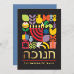 Hanukkah Chanukah Menorah Jewish Stars Dreidel Holiday Card<br><div class="desc">Hanukkah / Chanukah Colourful Modern Geometric Pattern Card with Faux Gold Foil. Menorah, Dreidel, Doughnuts, Stars & Olive oil... They are all here. Hebrew & Jewish Hanukkah Symbols Space to add your personalized text on the front & reverse. Happy Hanukkah wishes. Hebrew on the front says "Chanukah". This upscale, beautiful,...</div>