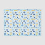 Hanukkah Chanukah Menorah Lights Stars Driedels Tissue Paper<br><div class="desc">A pattern of Jewish Hanukkah elements such as menorah candelabra,  Star of David,  Driedel and Yamaka or Kippah.  The background is a light blue watercolor wash.  You can change the size of the pattern to make it larger or smaller by clicking on Customize It.</div>