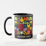 Hanukkah Chanukah Menorah Personalized Mug<br><div class="desc">Hanukkah / Chanukah Colourful Modern Geometric Pattern Mug with Menorah, Dreidel, Doughnuts, Stars & Olive oil. Hebrew & Jewish Hanukkah Symbols Space to add your personalized text. Happy Hanukkah wishes. This upscale, beautiful, look, is a great gift to wish friends, family, and clients, a very Happy Hanukkah/Chanukah. If you want...</div>