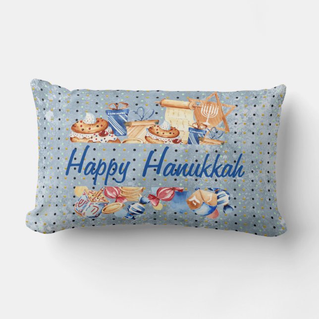 Hanukkah Chanukah Menorah Watercolor Blue Pattern Lumbar Pillow (Front)