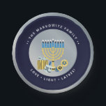 Hanukkah Chanukah Personalized Menorah Dreidel  Paper Plate<br><div class="desc">Our Hanukkah Personalized Menorah Dreidel Custom Pper Plate includes a menorah & dreidel.  Personalize with your own name and message to add a festive ( and worry-free ) touch to this year's Hanukkah Party. Enquiries? Message us or email bestdressedbread@gmail.com</div>