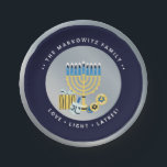 Hanukkah Chanukah Personalized Menorah Dreidel  Paper Plate<br><div class="desc">Our Hanukkah Personalized Menorah Dreidel Custom Pper Plate includes a menorah & dreidel.  Personalize with your own name and message to add a festive ( and worry-free ) touch to this year's Hanukkah Party. Enquiries? Message us or email bestdressedbread@gmail.com</div>