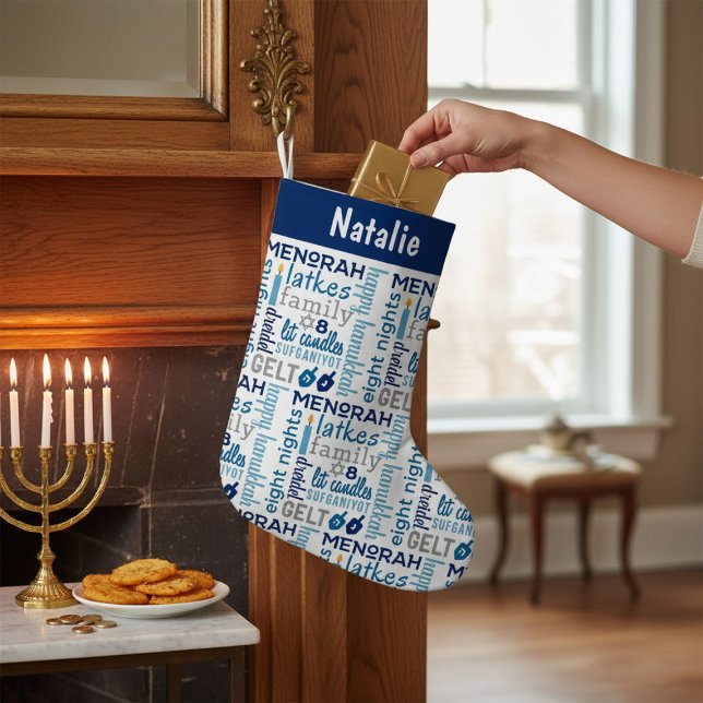 Hanukkah Chanukah Word Art Personalized Name Small Christmas Stocking (Creator Uploaded)