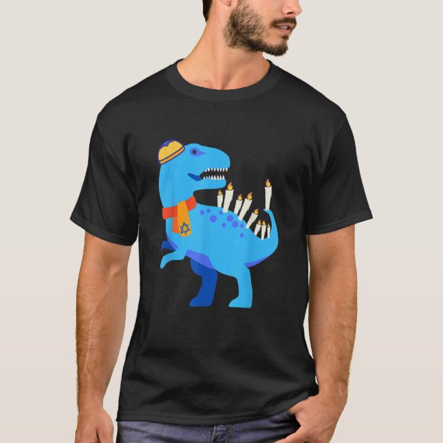 Hanukkah Chanukkah Blue Dinosaur Menorasaurus T-Shirt (Front)