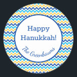 Hanukkah Chevron Classic Round Sticker<br><div class="desc">These fabulous gift tags would look great on all your Hanukkah gifts.  They are so modern yet classic with their blue,  turquoise and yellow chevron stripes.  And,  they are customizable with your family name.</div>