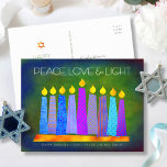Hanukkah Chic Boho Candles Green Peace Love Light Holiday Postcard<br><div class="desc">“Peace, love & light.” A playful, modern, artsy illustration of boho pattern candles in a menorah helps you usher in the holiday of Hanukkah. Assorted blue candles with colourful faux foil patterns overlay a rich deep green textured background. On the back, type in your personal copy using the easy template...</div>