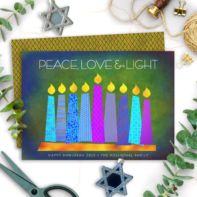 Hanukkah Chic Boho Candles Peace Love Light Green Holiday Card (Creator Uploaded)