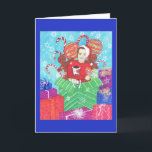 Hanukkah Christmas Holiday Greeting Card with Dog<br><div class="desc">"Le Chaim! - Celebrating life at a blended family holiday of Hanukkah and Christmas, a young man and his dog pop out of a present as a surprise." Singer, Actress, Writer, Producer and self-taught artist, Leslie Hyland Rodgers shares her line of whimsical Reminiscence Art. With childlike glee, each piece tells...</div>