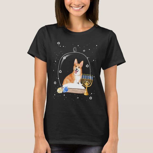 Hanukkah Corgi Dog Snow Globe Pajama T-Shirt (Front)
