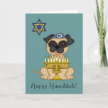 Hanukkah-Cute Jewish Pug Dog Holiday Card<br><div class="desc">Who wouldn't love to receive this cute card for Hanukkah,  featuring a sweet little pug dog wearing his yarmulke,  the menorah before him,  while the Star of David floats beside him! The inside is customizable for you convenience.</div>