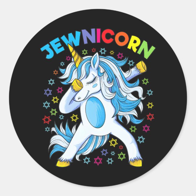 Hanukkah Cute Jewish Unicorn Girl Dabbing Classic Round Sticker (Front)