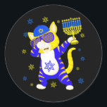 Hanukkah Dabbing Cat Sunglasses Holding Menorah Classic Round Sticker<br><div class="desc">Hanukkah Dabbing Cat Sunglasses Holding Menorah</div>