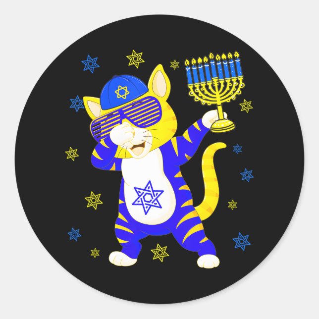 Hanukkah Dabbing Cat Sunglasses Holding Menorah Classic Round Sticker (Front)