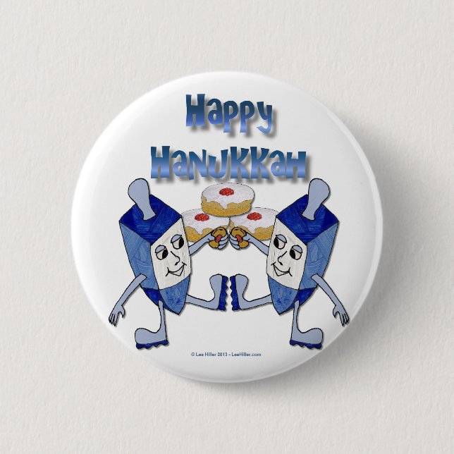 Hanukkah Dancing Dreidels and Jelly Doughnuts 2 Inch Round Button (Front)