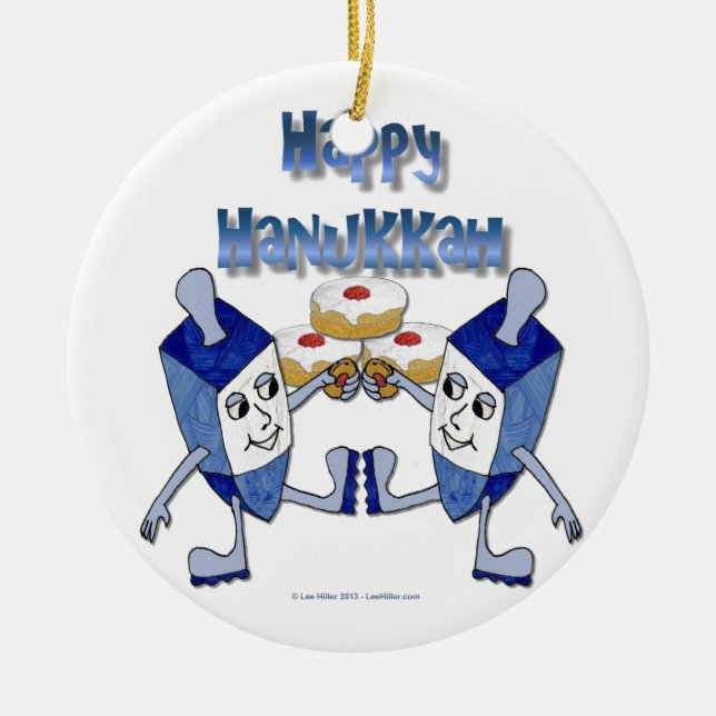 Hanukkah Dancing Dreidels and Jelly Doughnuts Ceramic Ornament (Front)