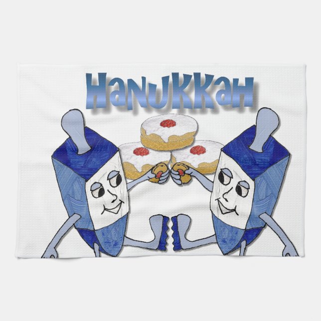 Hanukkah Dancing Dreidels and Jelly Doughnuts Kitchen Towel (Horizontal)