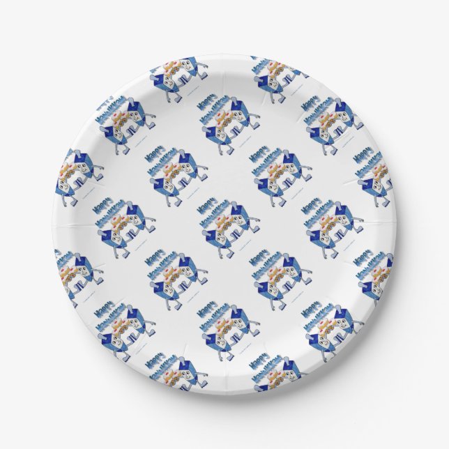 Hanukkah Dancing Dreidels and Jelly Doughnuts Paper Plate (Front)